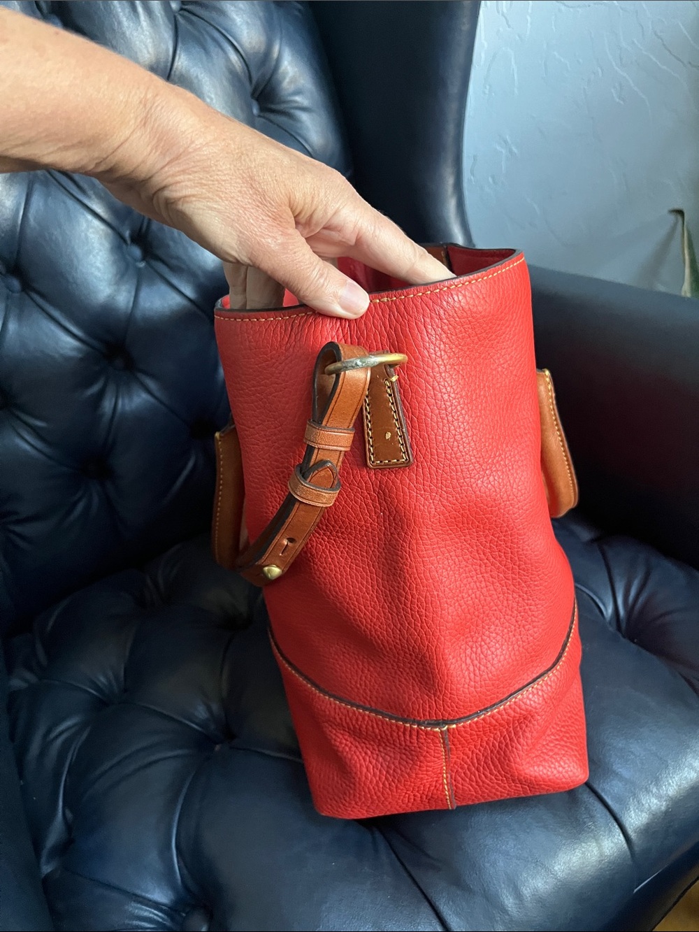Dooney & Bourke Red Pebbled Leather Satchel with Brown Trim - Picture 5 of 12